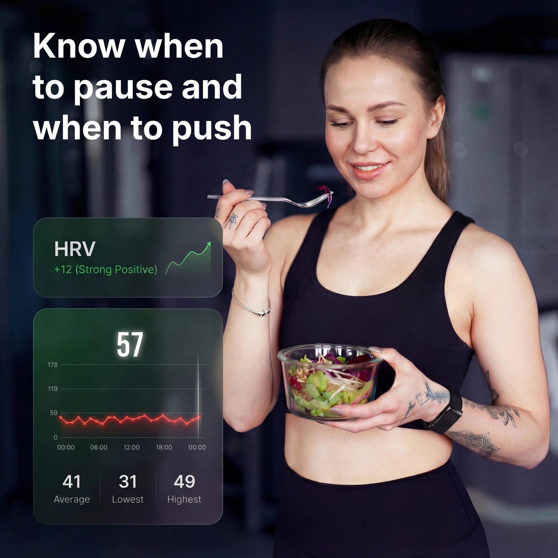 Woman wearing band eating a salad showing 12 point improvement to HRV.