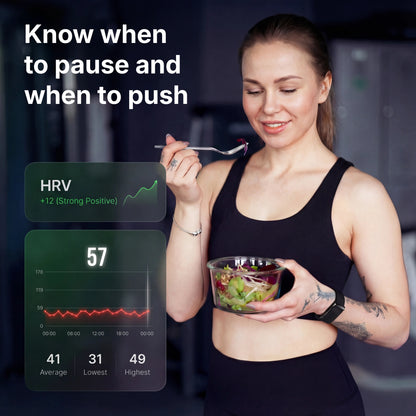Woman wearing band eating a salad showing 12 point improvement to HRV.