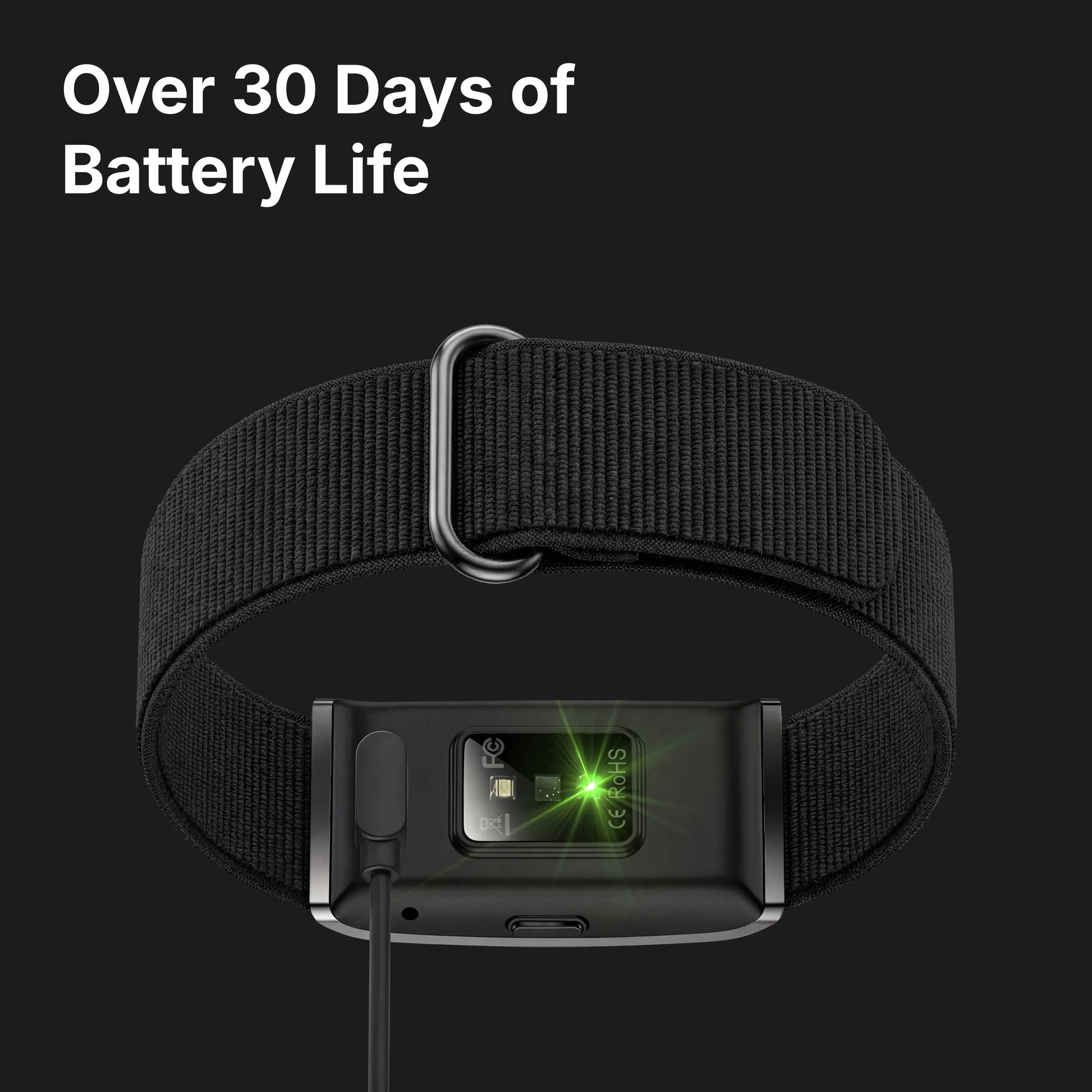 HLTH Band on a black background showing 30 plus days of battery life.