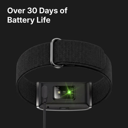HLTH Band on a black background showing 30 plus days of battery life.