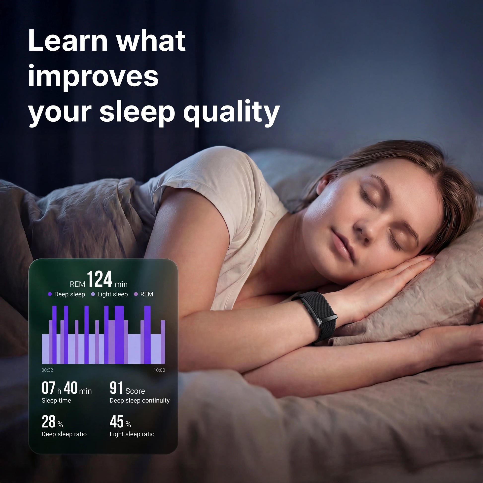 Woman sleeping with a smartwatch displaying sleep quality data on a dark background.