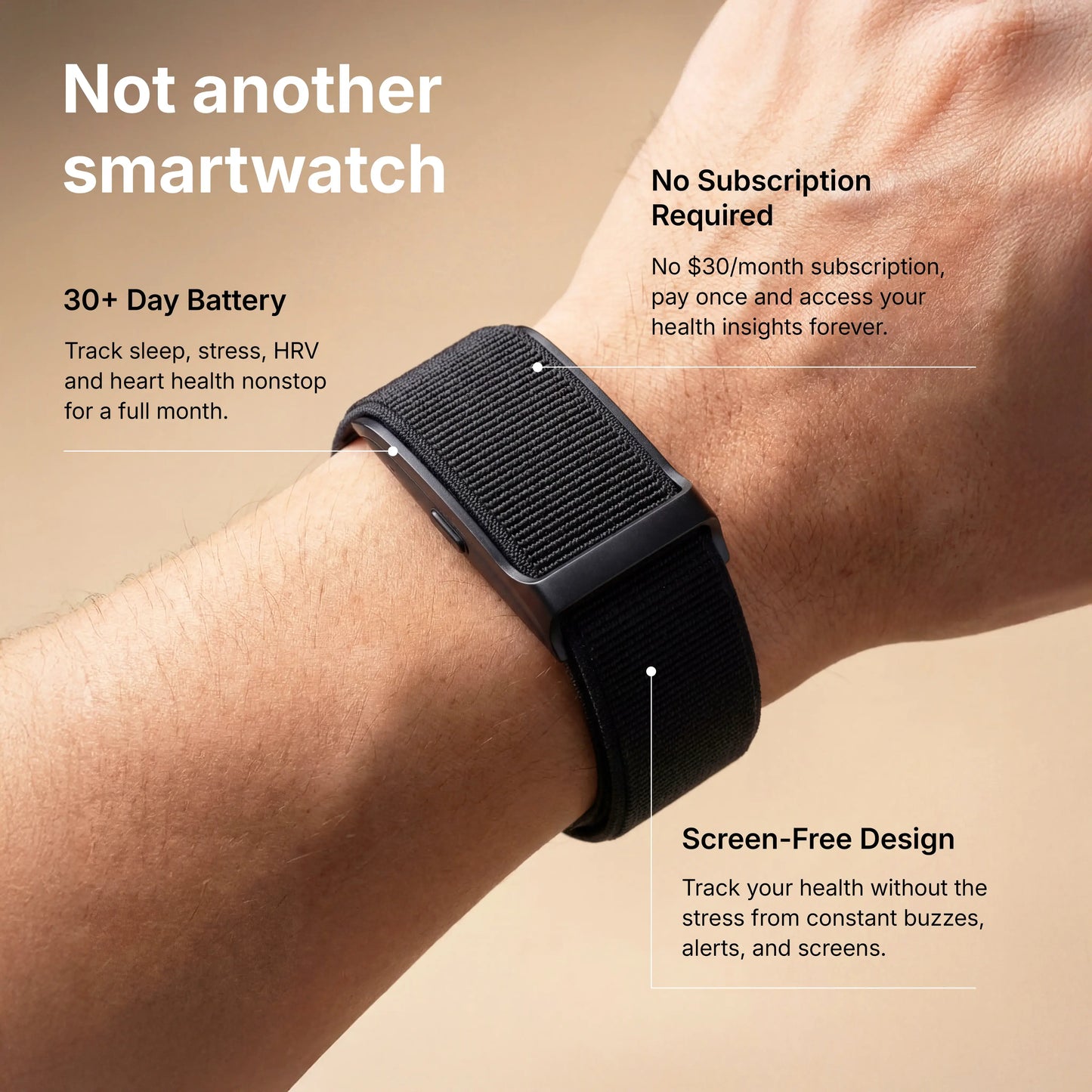 HLTH Band has over 30 days of battery life, no subscription, and is screen free by design.