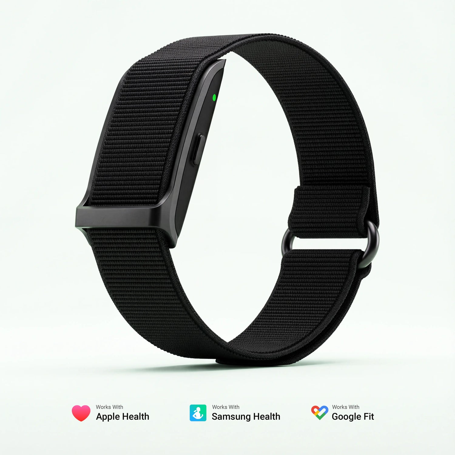 Black smartwatch with a mesh band on a white background that works with all health apps.