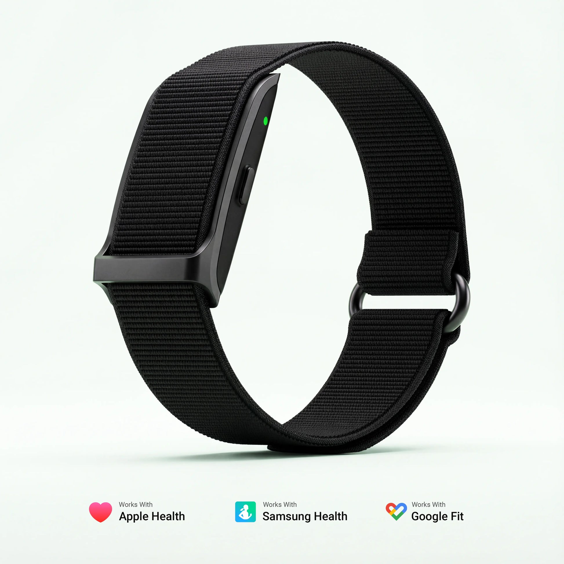 Black smartwatch with a mesh band on a white background that works with all health apps.