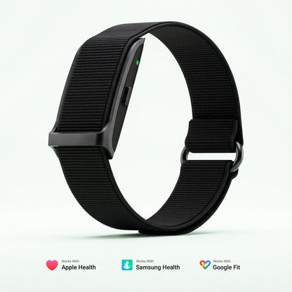 Black smartwatch with a mesh band on a white background that works with all health apps.