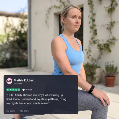 Middle age woman wearing band doing yoga, with customer testimonial about fixing her sleep.