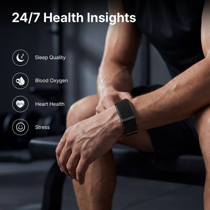 Person sitting with a HLTH Band on wrist, displaying health insights features.