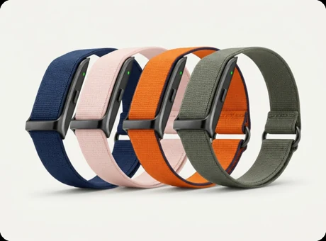 Four HLTH Band straps in navy, pink, orange and olive