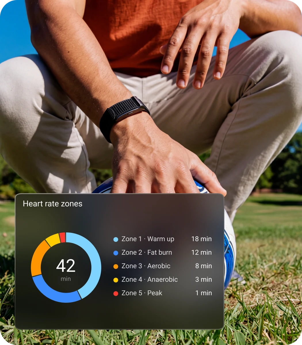 Checking the HLTH app after training, with the heart rate zones card showing 42 minutes split across five zones