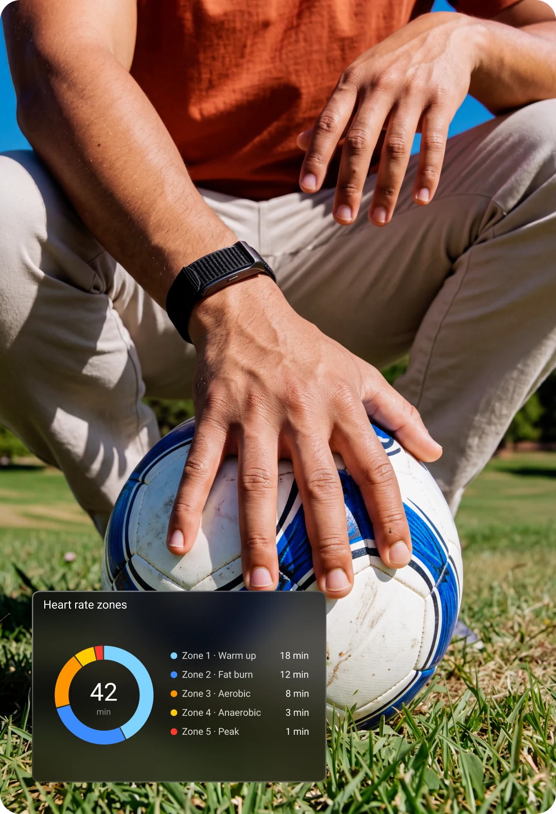 Checking the HLTH app after training, with the heart rate zones card showing 42 minutes split across five zones