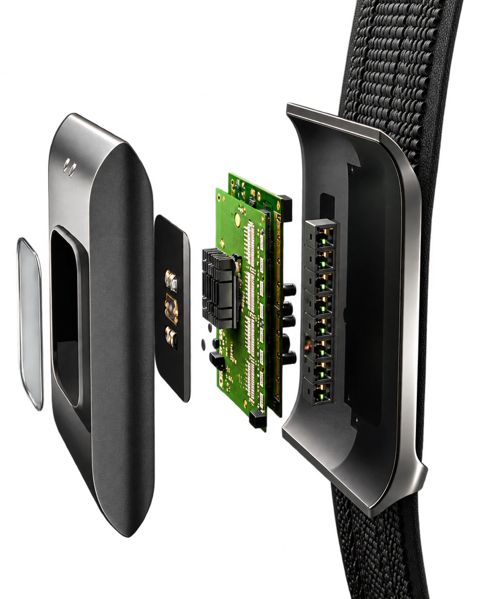 Exploded view of the HLTH Band: sensor window, housing, optical sensor board, main circuit board and gunmetal frame on the knit strap