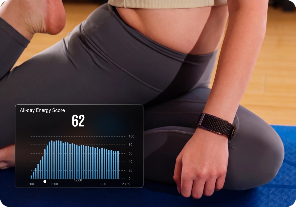 An evening on the sofa wearing the HLTH Band, with the app’s all-day Energy Score of 62 shown alongside