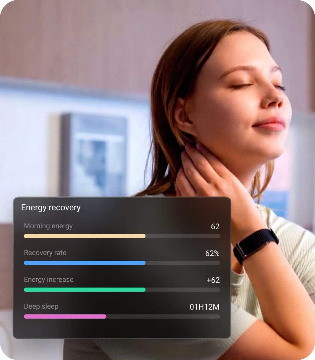 A calm moment at home, with the app’s energy recovery card showing a 62% recovery rate after 1h 12m of deep sleep